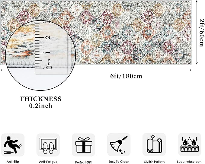 Lahome Moroccan Trellis Hallway Runner Rug, 2x6 Kitchen Runner Rugs Non Skid Washable, Vintage Laundry Room Rug Ultra-Thin Long Carpet for Bathroom Bedroom Entryway, Aqua/Multi