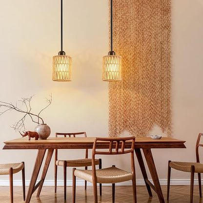 Pendant Lights for Kitchen Island, 3-in-1 Upgrade Larger Rattan Hanging Light Shade with Linen Shade, Adjustable Height Boho Hanging Lamp Fixture for Dining Room, Farmhouse, Bedroom (2 Pack)