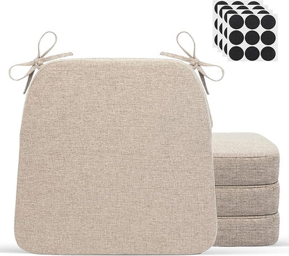 D-Shaped Indoor Chair Cushions 17" x 16" for Kitchen & Dining Chairs – 2'' Thick Seat Pads with Ties & Non-Slip Backing, High-Density Foam, Machine-Washable Covers, Set of 4 with Chair Leg Pads, Beige