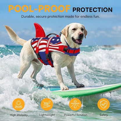 Shark Dog Life Vest for Swimming, Pet Life Vests for Boating, High Buoyant DogLife Jacket, Ripstop High Flotation Swimsui for Small, Medium, Large Dogs (USA Flag,XXL)