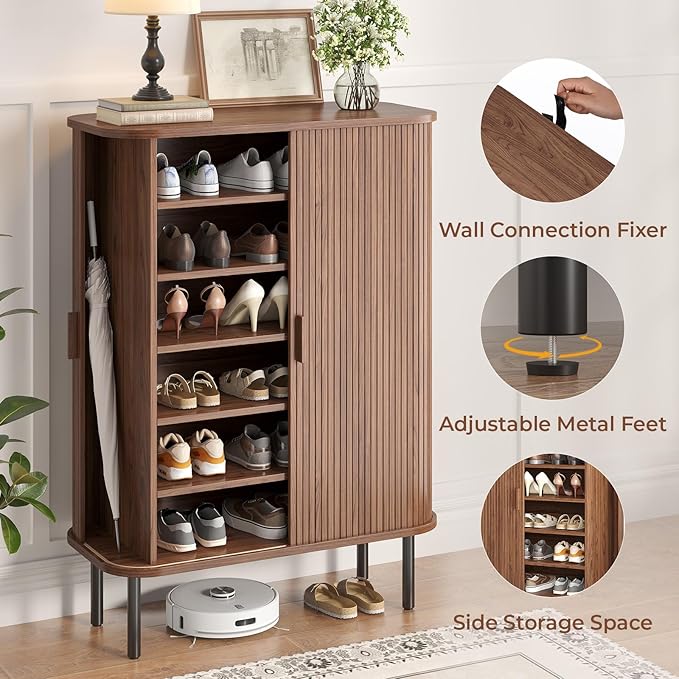 Shoe Storage Cabinet with Adjustable Shelves, 6-Tier Mid-Century Modern Shoe