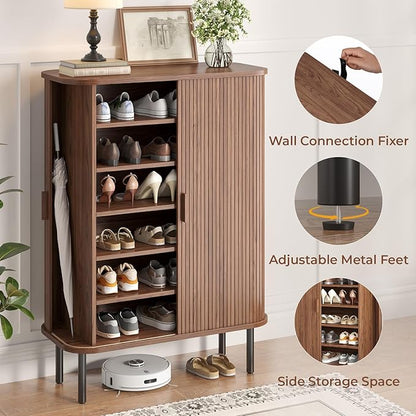 Shoe Storage Cabinet with Adjustable Shelves, 6-Tier Mid-Century Modern Shoe