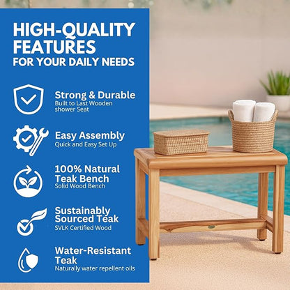 EcoDecors Eleganto 24 Inch Natural Color Waterproof Teak Wood Shower Bench Stool Seat Chair For Inside Shower Provides Safety, Storage, and Organization For Bathroom Accessories