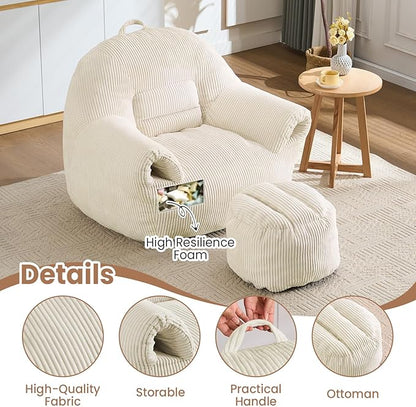 Peace nest Bean Bag Chair with Memory Foam Filled Ultra Soft Corduroy Cover for Adults Comfy Fur Bean Bag Chairs with Armrests Ottoman for Bedroom Living Room Office Dorm Reading Beige