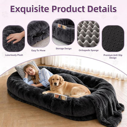 Dark Grey Human Dog Bed - 71''x45''x12'' Size Fits You and Pets | Washable Faux Fur Pet Bed for People Doze Off, Napping Orthopedic Dog Bed, Present Plump Pillow, Blanket, Strap