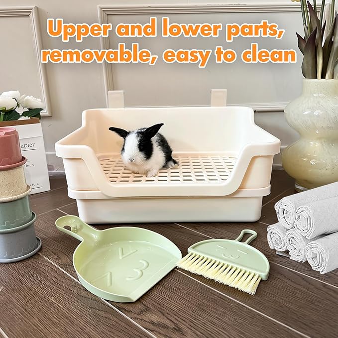 Large Rabbit Litter Box w/Plastic Grid & Dump Tray-Bunny Litter Pan Small Animal Potty Toilet - Pet Bunny Supplies Rabbit Cage Accessories for Training Corner Litter Box (Cream)