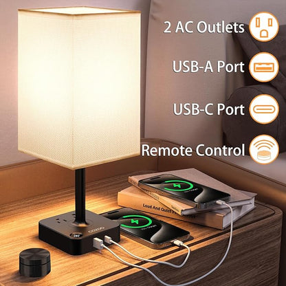 COZOO Bedroom Table Lamp with Remote Operation Control,Dimmable Bedside Table Desk Lamp with USB C+A Charging Ports 2 AC Outlets,Nightstand Lamp White Shade Lamp for Living Room,Dorm,Home Office,Decor