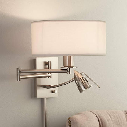 Possini Euro Design Tesoro Modern Swing Arm Wall Mounted Lamp Adjustable LED Brushed Nickel Plug-in Light Fixture Off White Drum Shade for Bedroom Bedside House Reading Living Room Home Hallway