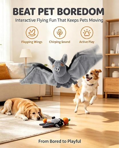 Flying Bat Dog Toy, Interactive Flying Bat Toy for Dogs with Flapping Wings, Chirping Sounds, USB Rechargeable, Touch Activated, Hanging or Floor Toy for Dogs, Puppies and Cats to Reduce Boredom，2 PCS