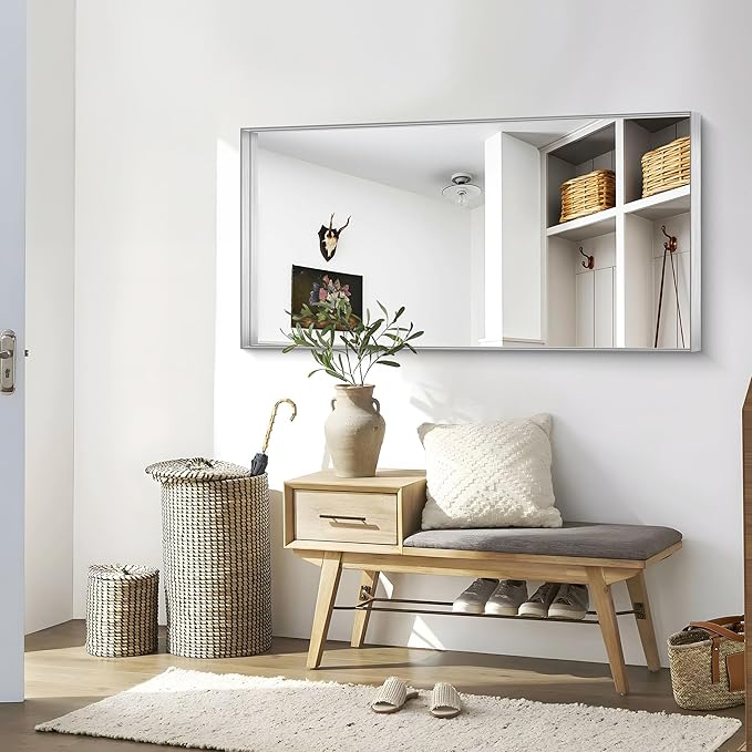 CIRCUMI Silver Bathroom Mirror, Brushed Finish, Tempered Glass, Large Mirror