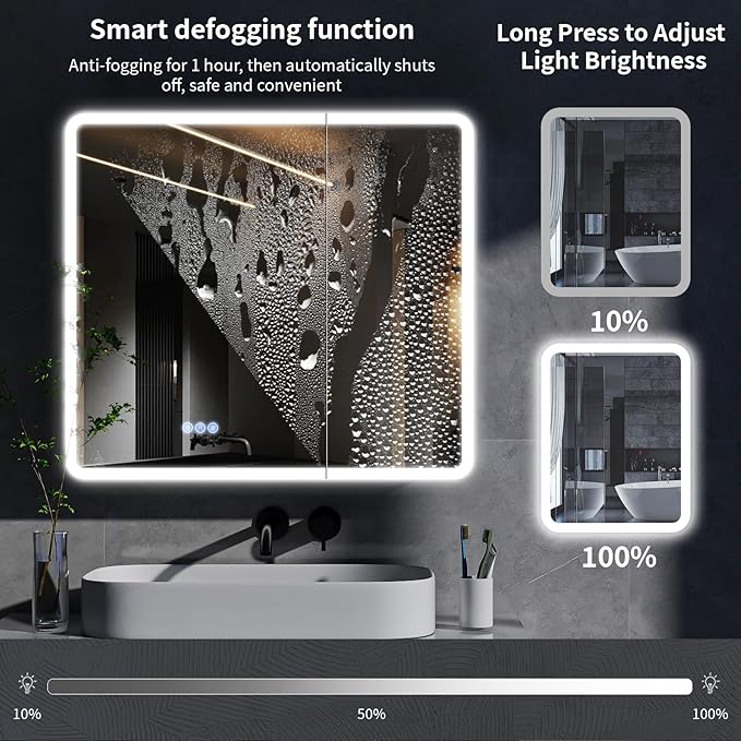 BEAUTYPEAK 36 x 32 LED Bathroom Medicine Cabinet Mirror, Adjustable Shelves
