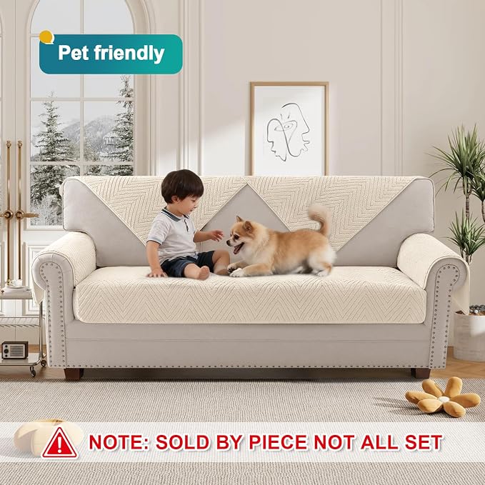 Turquoize Waterproof Couch Cover for Dogs Fuzzy Pet Couch Covers for Sofa Thick Dog Bed Cover Non-Slip Sofa Covers for 3 Cushion Couch Protector Slipcover Pet Friendly (Beige, 36" x 96")