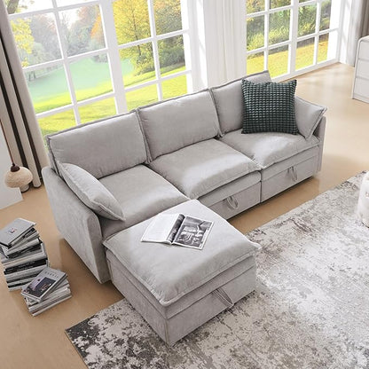 85.83" Sectional Couches for Living Room, Cloud Couch Sectional with Large Storage Ottoman, L-Shape Modular Sectional Sofa with 5 Seater Chenille Sofa and Pillow for Apartment, Bedroom, Light Gery