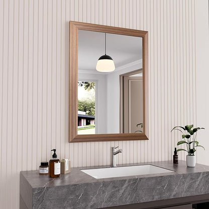 Amorho Bathroom Mirror, 24x32 Inch Wall Mirror, Walnut Wood Grain Metal Framed