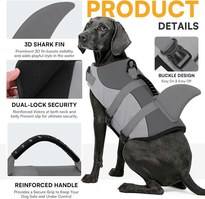Dog Life Jacket Ripstop Shark Dog Safety Vest Adjustable Preserver with High Buoyancy and Durable Rescue Handle for Small,Medium,Large Dogs, Grey Shark Small