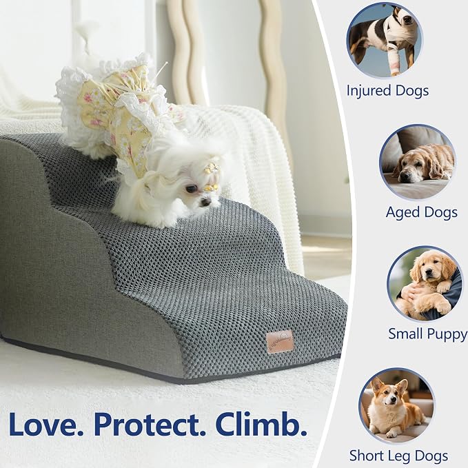 GoGoBunny Ramp Dog Stairs for High Beds 22.6" H, 5-Step Dog Slope Stairs with Durable Waterproof Fabric Cover, Pet Steps for Old Large Dogs Climbing, Non-Slip Sturdy Indoor Step, Grey