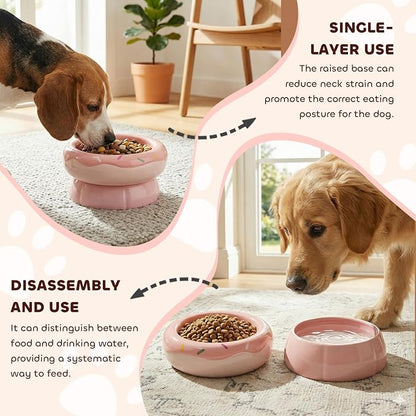 Donut Duo Ceramic Dog Bowl, Dog Water Bowl and Dog Food Bowl, Pet Bowls (Pink)