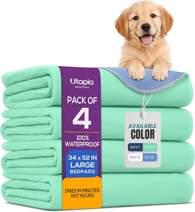 4 Pack Washable Pee Pads for Dogs 34" x 52", Waterproof Dog Training Pads | Reusable Dog Training Pads for Sofa, Incontinence Bed Pads for Adults, Elderly and Kids (Green,Blue) by Utopia Bedding