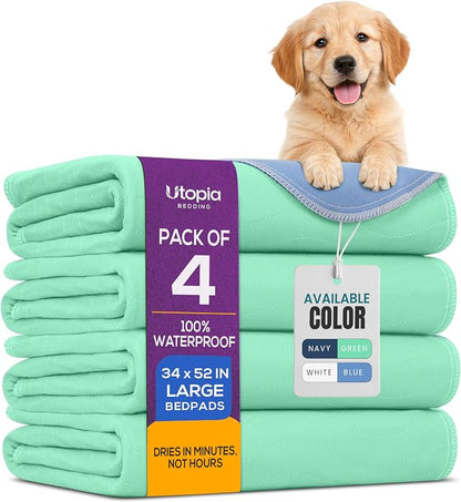 4 Pack Washable Pee Pads for Dogs 34" x 52", Waterproof Dog Training Pads | Reusable Dog Training Pads for Sofa, Incontinence Bed Pads for Adults, Elderly and Kids (Green,Blue) by Utopia Bedding