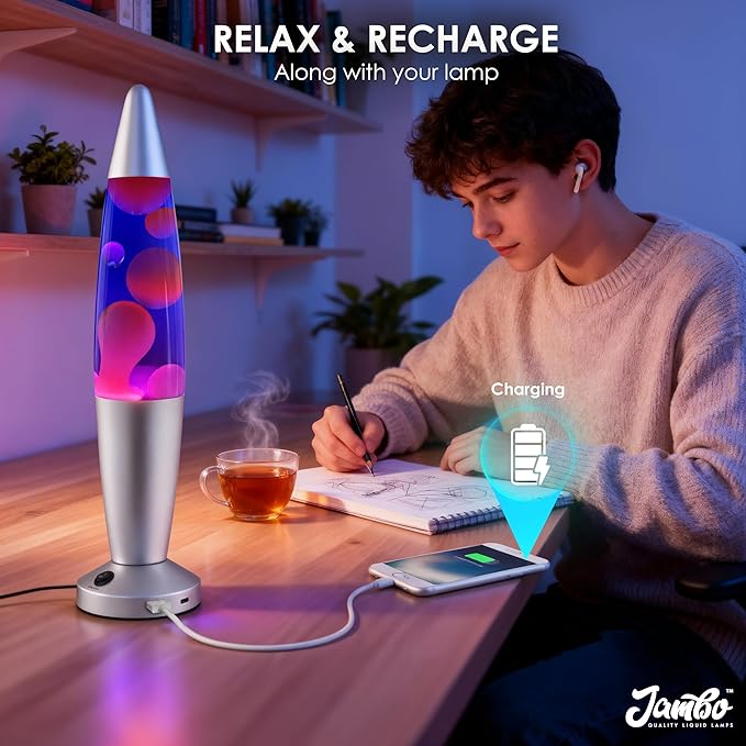 JAMBO Beautiful Liquid Lamp with USB Ports, 16" Motion Light with Blue Liquid Purple Wax, Relaxing Nightlight, Mood Light for Bedroom, Living Room, Office - Adults, Teens, Kids