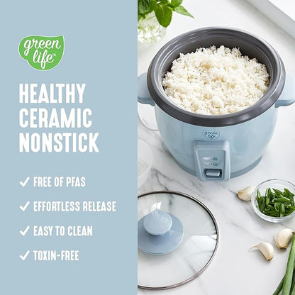 GreenLife Rice Cooker with Removable PFAS-Free Ceramic Nonstick Pot, 3-Cups