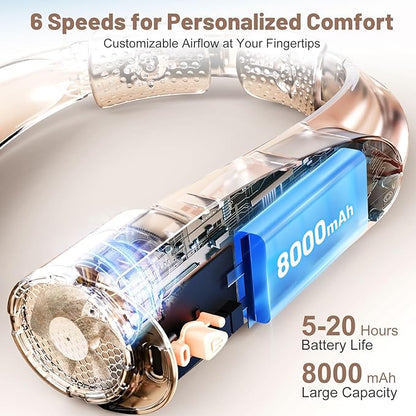 AI Portable Neck Fan with 6 Powerful Speeds, 8000mAh Battery Operated USB-C