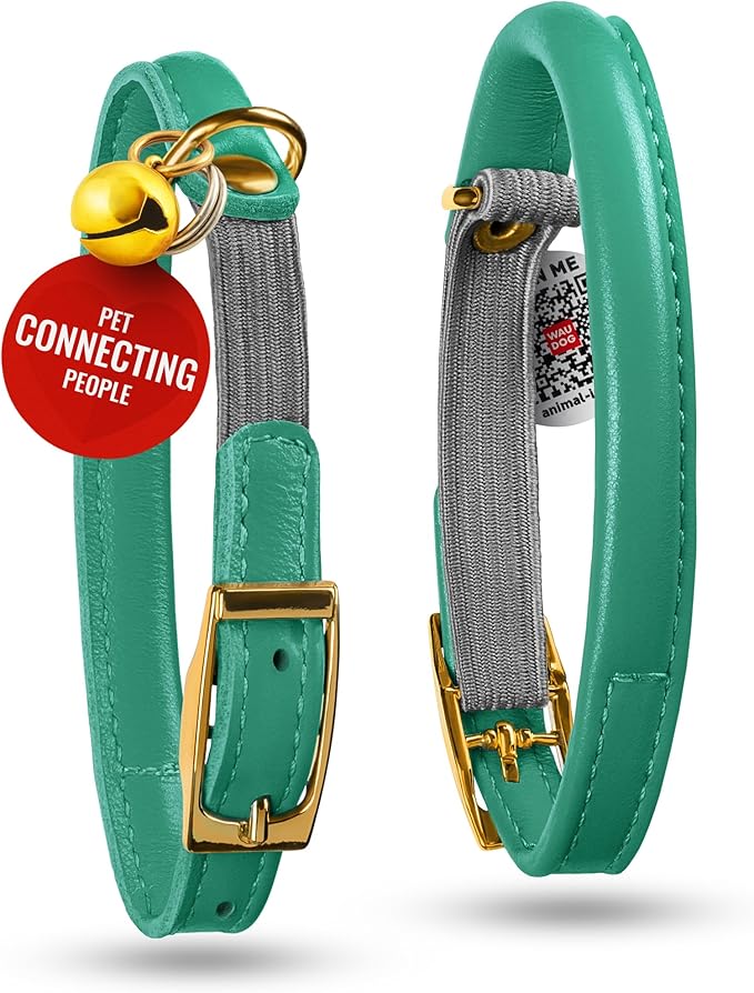 WAUDOG Ultra Soft Rolled Leather Cat Collar with Removable Bell, Safety Elastic Strap and QR ID Tag - Soft Padded for Small, Medium, and Large Cats - Round Kitten Collar for Male and Female Cats