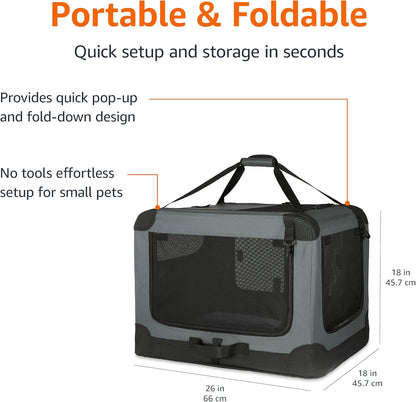 Amazon Basics 4-Doors Portable Soft-Sided Folding Travel Crate Kennel for cat, Dog, and Other Small Animals, Grey, S 26" x 18" x 18"