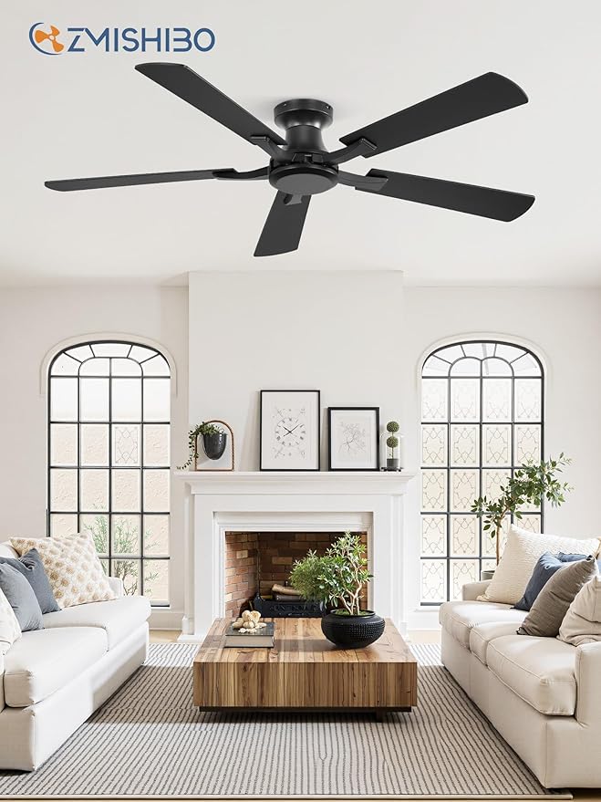 ZMISHIBO 52 Inch Ceiling Fan No Light, Flush Mount Low Profile, Modern Black