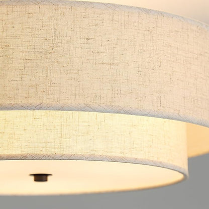 18" Semi Flush Mount Ceiling Light with Fabric Lampshade Modern Drum Ceiling Lamp Black Ceiling Light Fixture for Dining Room Kitchen Bedroom Living Room