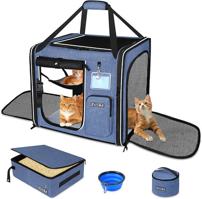 Petskd Combinable Large Cat Carrier with Litter Box for Car Travel, 19"x17"x18" Portable Soft Pet Carrier for 2 Small Cats with Safty Zipper Locks for Vet