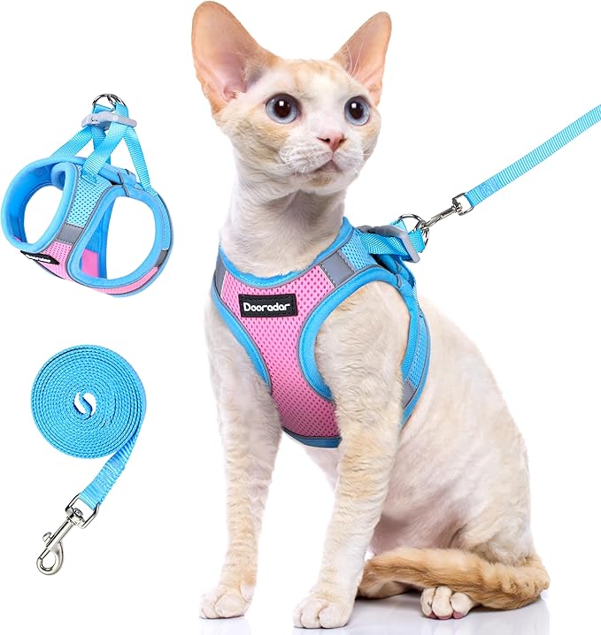 Dooradar Cat Harness and Leash Set, Escape Proof Lightweight Kitten Harness, Soft Breathable Reflective Vest for Outdoor Walking Traveling, Adjustable for Small Cats, Pink & Blue, S