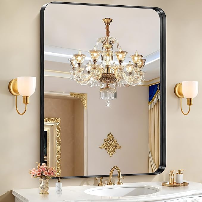 CIRCUMI Black Bathroom Mirror, Rounded Corner, Tempered Glass, Large Mirror