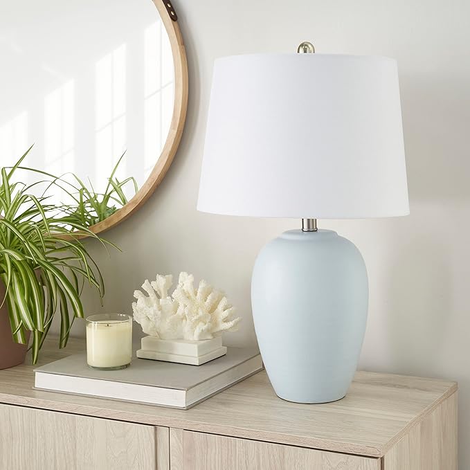 Nourison Home 23" Coastal Blue Ceramic Pot Table Lamp for Bedroom, Living Room, Dining Entryway, with White Shade