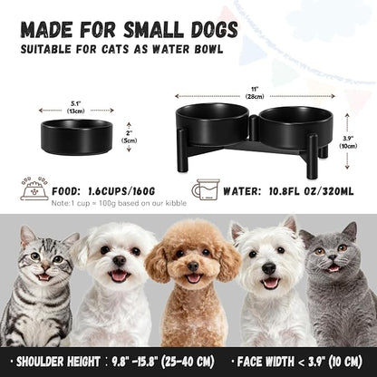 Raised Ceramic Dog Bowl Set with Stand, 1.6 Cups Elevated Dog Food Stand | 5.1'' Double Dog Food and Water Bowl Set, Non-Slip Dog Feeding Dishes for Small Breeds and Cats, 10.8 OZ, Black