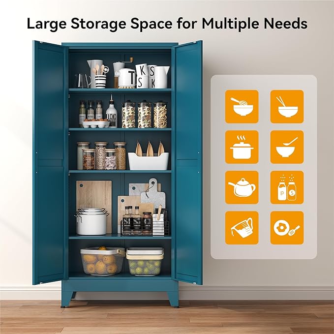 COFaR 71" Pantry Cabinet in Peacock Blue, 5-Tier Storage