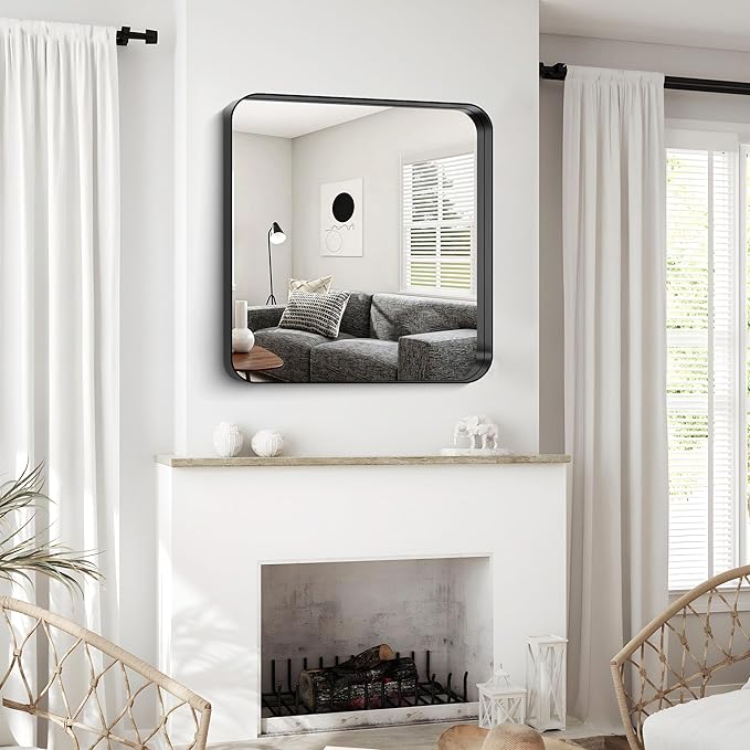 CIRCUMI Black Bathroom Mirror, Rounded Corner, Tempered Glass, Square Mirror