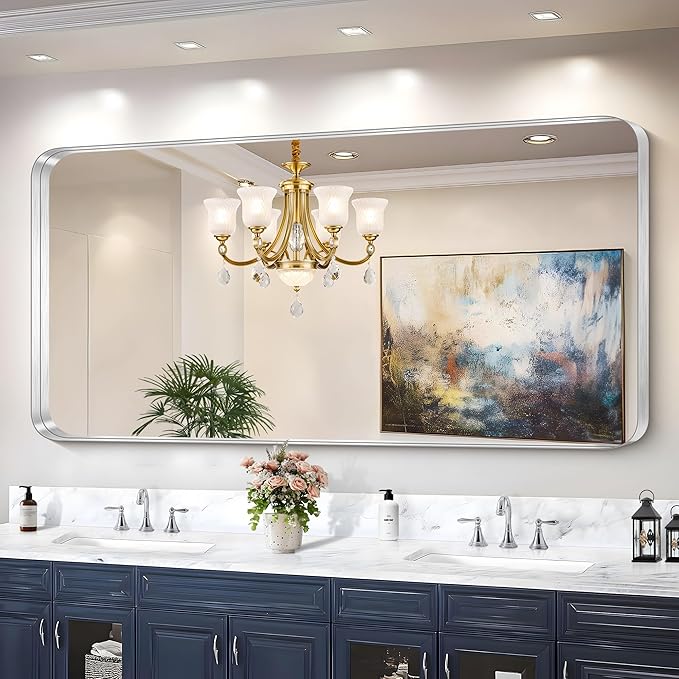CIRCUMI Silver Bathroom Mirror, Rounded Corner, Tempered Glass, Large Mirror