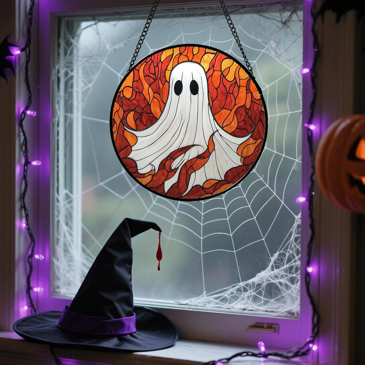 Stained Glass Window Hanging - Halloween Decorations White Ghost Orange Sky Suncatcher for Doors Garden Funny Spooky Sun Catchers Gothic Decor Horror Gifts for Women Men Friend Boy 11.8 in