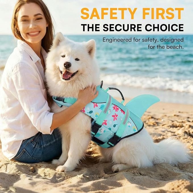 Dog Life Jacket, Dog Life Vest for Swimming, Doggie Shark Swimming Vest with Rescue Handle, Adjustable Reflective Pet Lifesaver Preserver for Small Dogs, Blue Flower XS