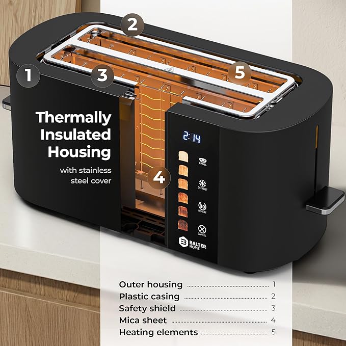 Toaster 4 Slice Wide Slot, Bagel Function, Long Slot, Stainless Steel, Touch