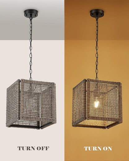 ELYONA Farmhouse Rattan Chandelier 12" Handwoven Pendant Light Fixtures with Gray Square Solid Wood Frame, Adjustable Hanging Lamp for Kitchen Island, Dining Room, Living Room, Bedroom, Bar, Hallway