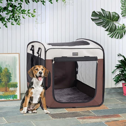 Dog Kennels and Crates for Medium Dogs, Portable Pop Up Indoor Pet Cage with Sturdy Wire Frame, Collapsible Travel Crate Soft Sided Cat Bag Escape Proof (Brown, 32.0" L x 21.0" W x 26.0" H)