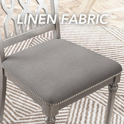 chairus Farmhouse Dining Chairs Set of 2, French Country Wooden Dining Room Chairs with Lattice Back & Nailhead Trim, Upholstered Linen Fabric Kitchen Side Chairs, Grey