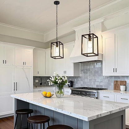 MAYNA 1-Light Farmhouse Pendant Light, Black Metal Cage Light Fixtures with Adjustable Chain and Glass Shade,Hanging Lights for Kitchen Island,Porch,Hallway