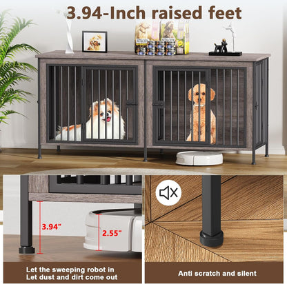 EasyCom 63" Dog Cage Furniture for 2 Pets with Divider, XL Wooden Double Dog Crate Furniture TV Stand for Mideum Breed, Durable and Sturdy