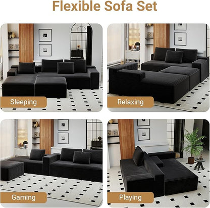 KAPEETOO U Shaped Modular Sectional Sofa with Left Chaise Ottoman, Boneless Couch with Deep Seat, Oversize 3-Seater Sofa U Shaped Set for Living Room Bedroom (Black)