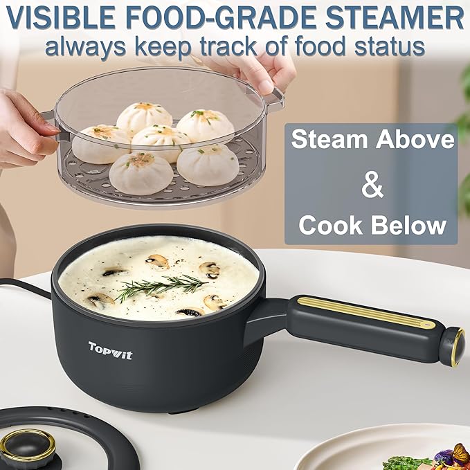 TOPWIT Hot Pot Electric with Steamer, 2L Multifunctional Electric Cooker