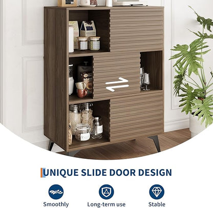 IDEALHOUSE Fluted Cabinet with Sliding Doors, Modern Wooden Storage Cabinet