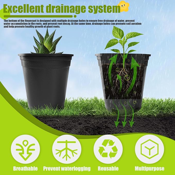1 Gallon Nursery Pots Plastic Container Injection Molded Pot for Plants Flexible with Drainage Holes Suitable for Plants Soil Growers or Hydroponics Black 10 Pcs